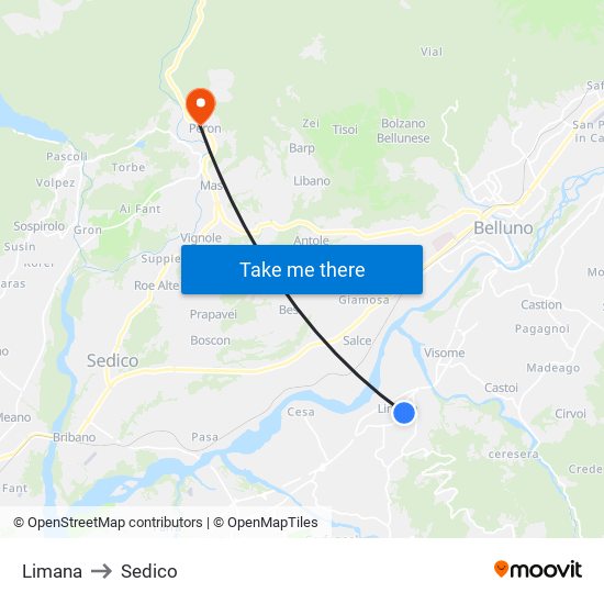 Limana to Sedico map