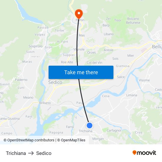 Trichiana to Sedico map