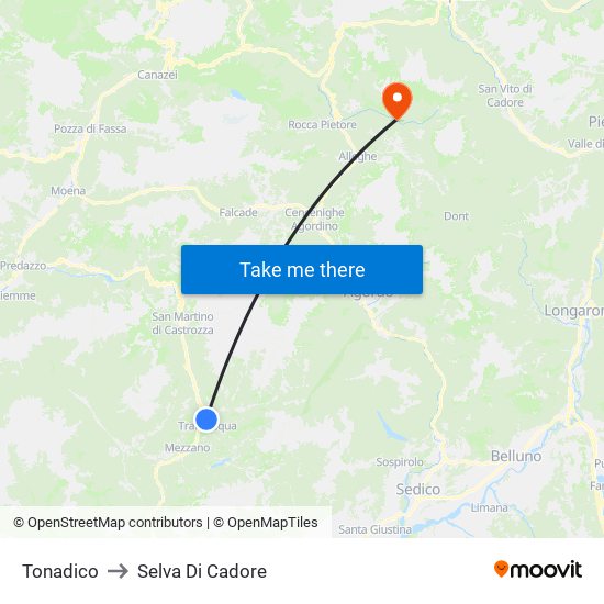 Tonadico to Selva Di Cadore map