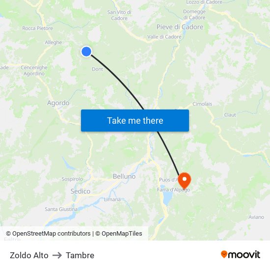 Zoldo Alto to Tambre map