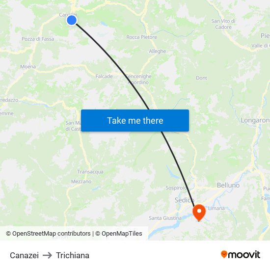 Canazei to Trichiana map