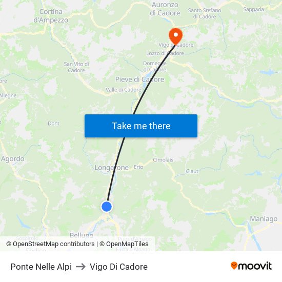 Ponte Nelle Alpi to Vigo Di Cadore map