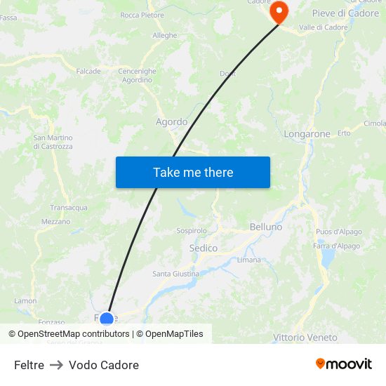 Feltre to Vodo Cadore map