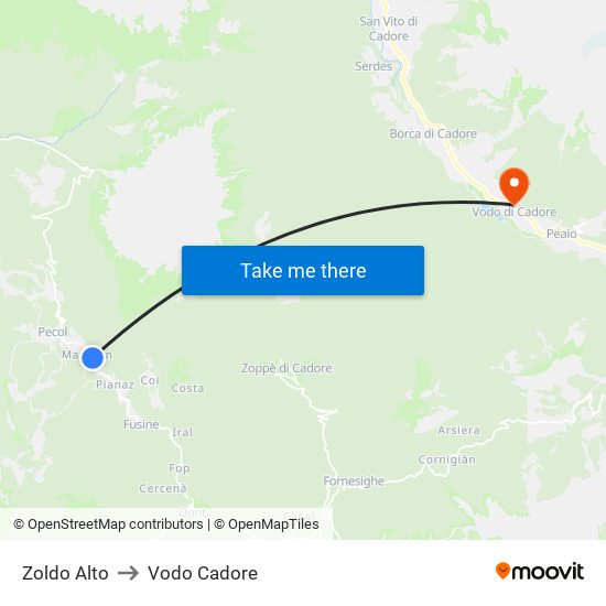 Zoldo Alto to Vodo Cadore map