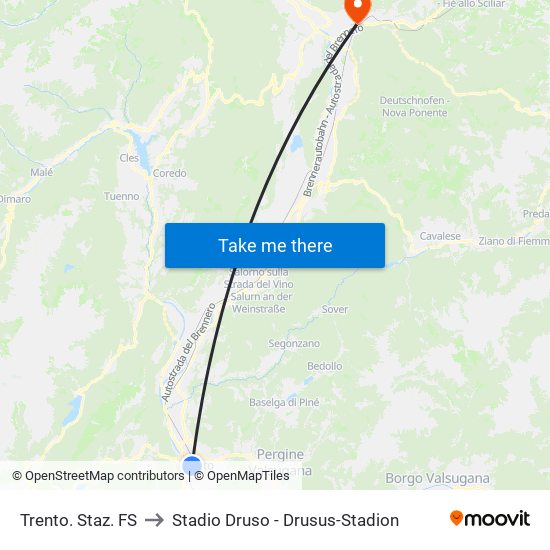 Trento. Staz. FS to Stadio Druso - Drusus-Stadion map