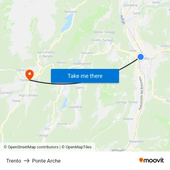 Trento to Ponte Arche map