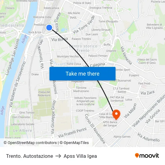 Trento Bus Station to Apss Villa Igea map