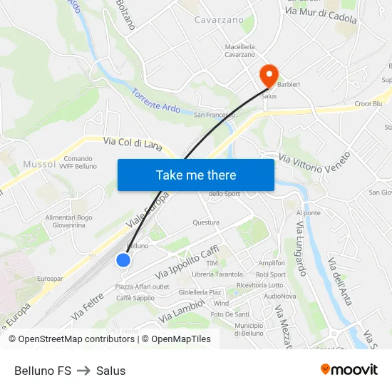 Belluno Station to Salus map