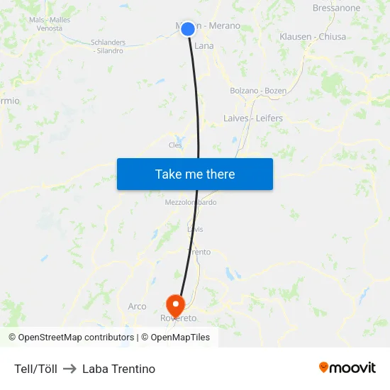 Tell/Töll to Laba Trentino map