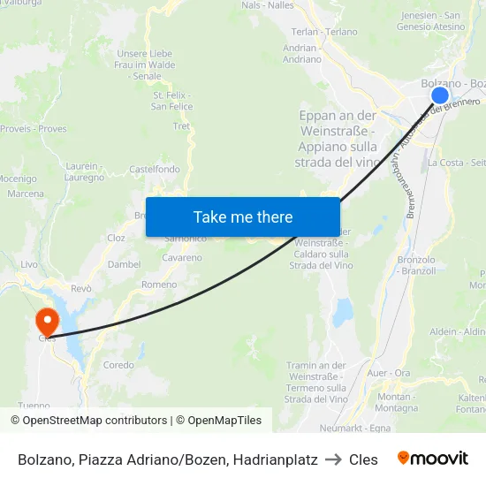 Bolzano, Hadrian Square/Bozen, Hadrian Square to Cles map