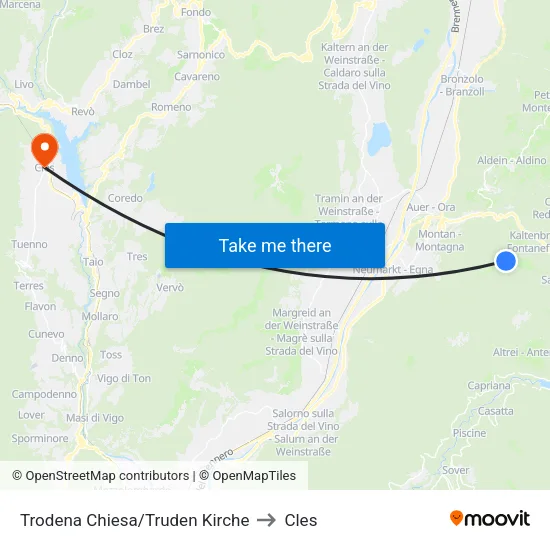 Trodena Church to Cles map