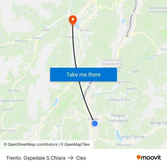 Trento. Ospedale S.Chiara to Cles map