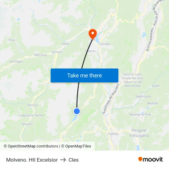 Molveno - Hotel Excelsior to Cles map