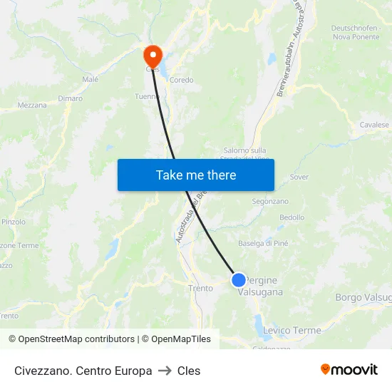 Civezzano. Centro Europa to Cles map