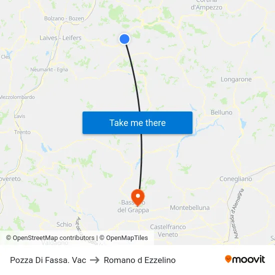 Pozza Di Fassa. Vac to Romano d Ezzelino map