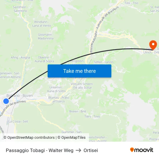 Passaggio Tobagi - Walter Weg to Ortisei map