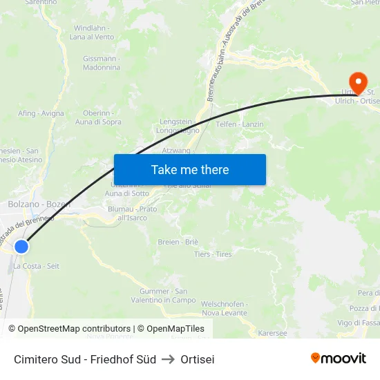 South Cemetery to Ortisei map