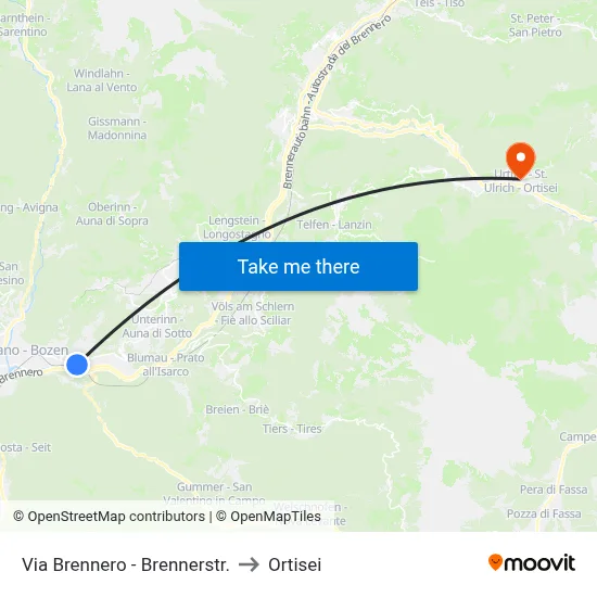 Via Brennero - Brennerstr. to Ortisei map