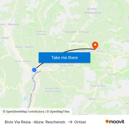 Via Resia Junction to Ortisei map