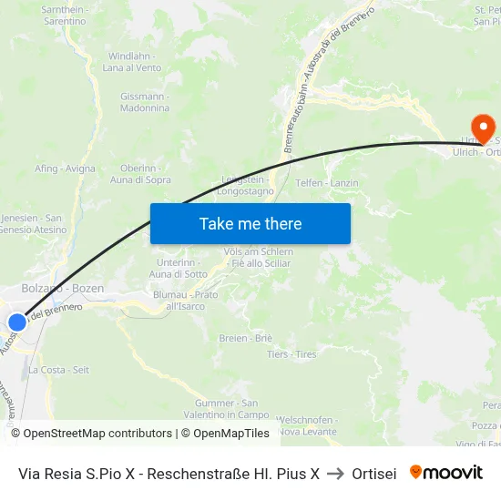 Via Resia St. Pius X to Ortisei map