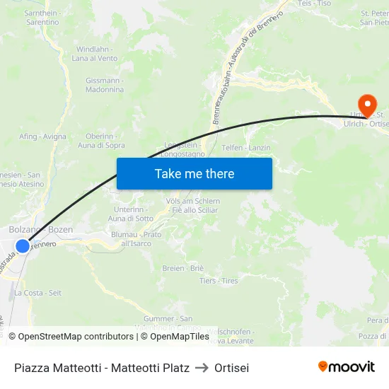 Matteotti Square to Ortisei map