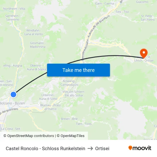 Castel Roncolo - Schloss Runkelstein to Ortisei map