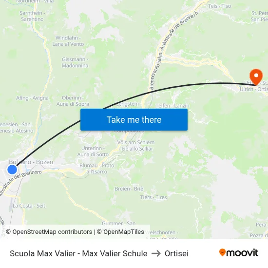 Max Valier School to Ortisei map
