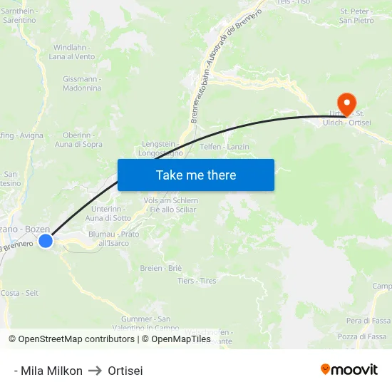 Mila Milkon to Ortisei map