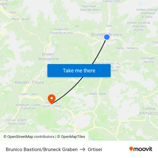 Brunico Bastions to Ortisei map