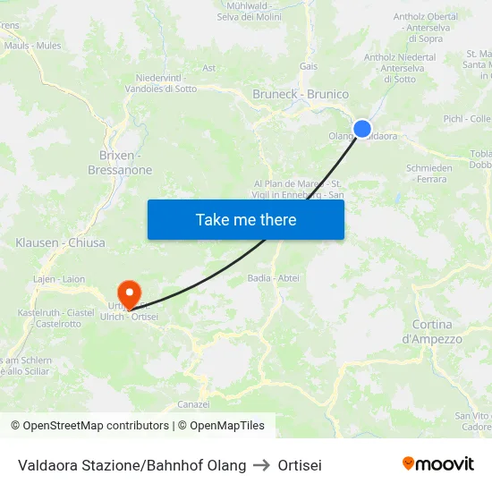 Valdaora Station to Ortisei map