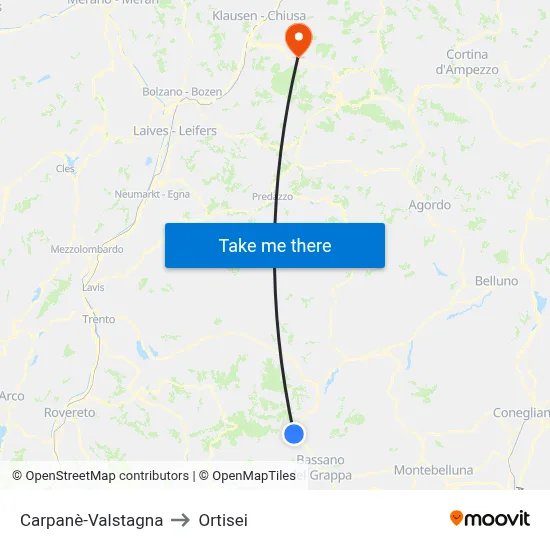 Carpane-Valstagna to Ortisei map