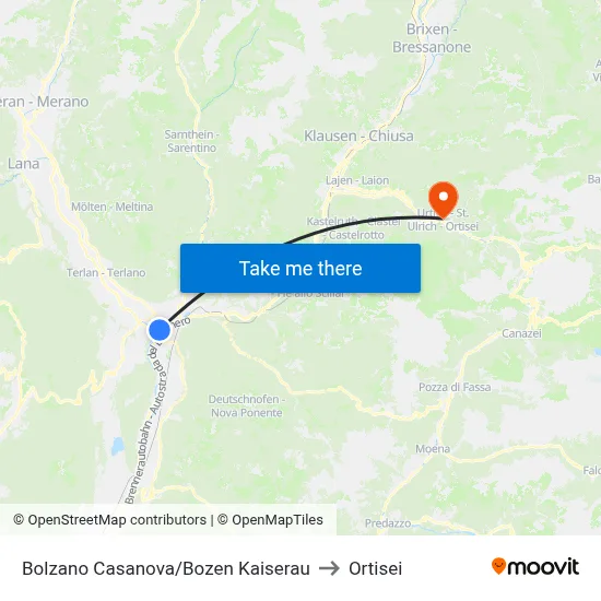 Bolzano Casanova to Ortisei map