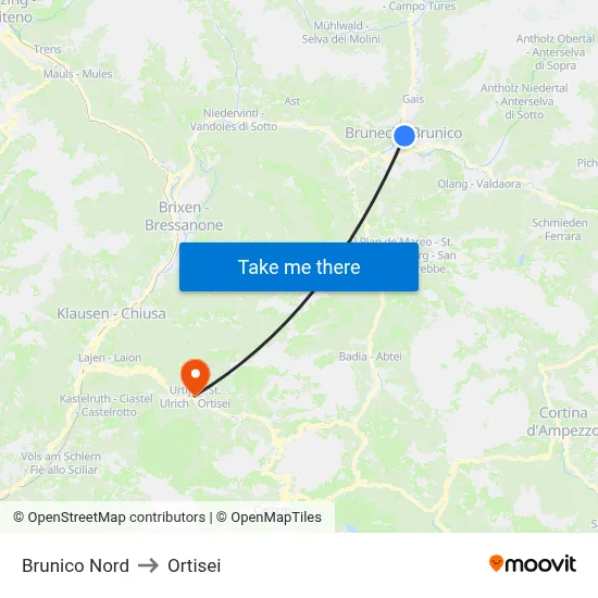 Brunico Nord to Ortisei map