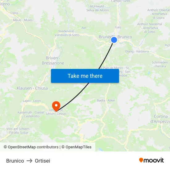 Brunico to Ortisei map