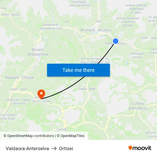Valdaora-Anterselva to Ortisei map