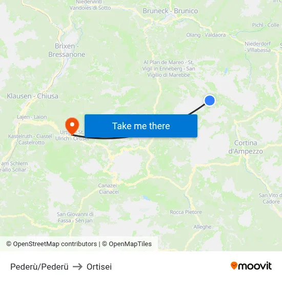 Pederù to Ortisei map