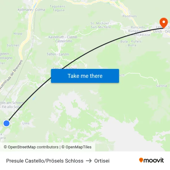 Presule Castle to Ortisei map