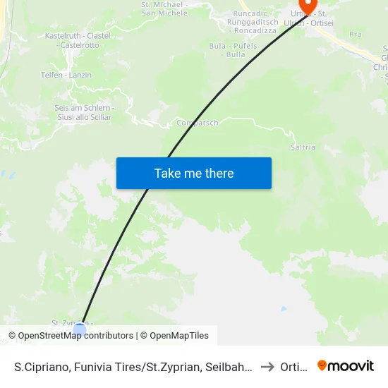 St Cyprian Tires Cable Car to Ortisei map