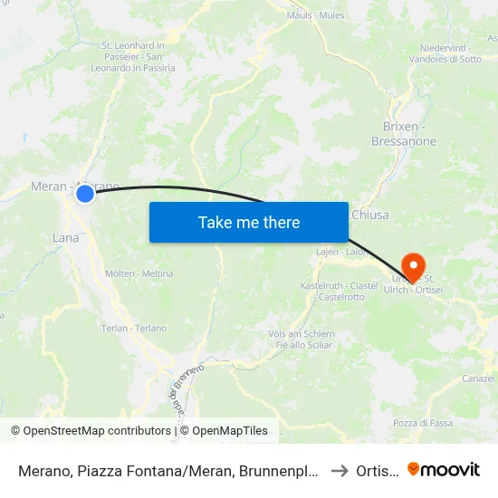 Merano, Fountain Square to Ortisei map