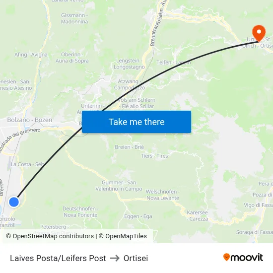 Laives Post Office to Ortisei map