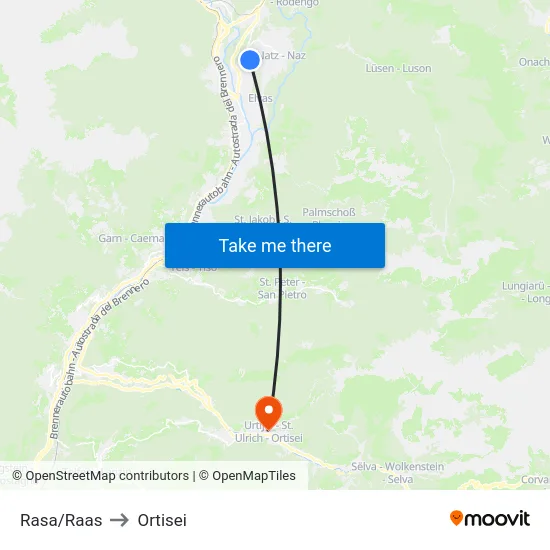 Rasa/Raas to Ortisei map