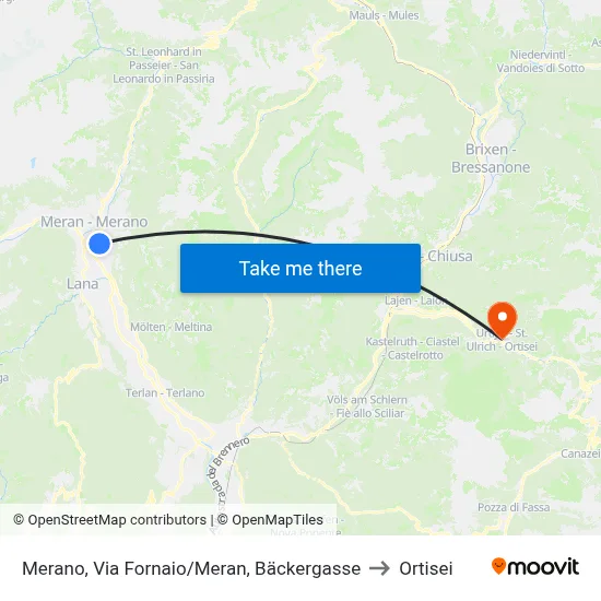 Merano Baker Street to Ortisei map