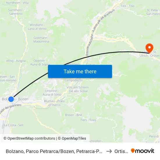 Bolzano, Petrarca Park to Ortisei map