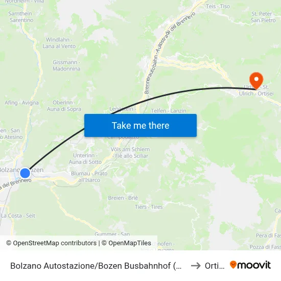 Bolzano Bus Station (Platform C) to Ortisei map