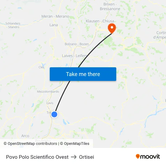 Povo Science Center West to Ortisei map