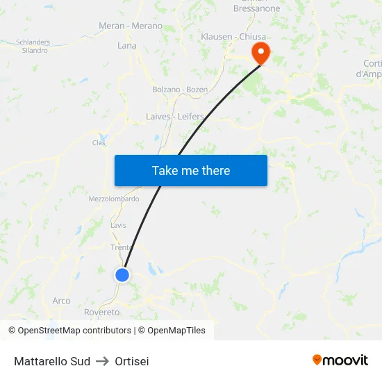 Mattarello South to Ortisei map