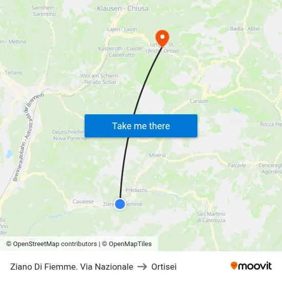 Ziano Di Fiemme. Via Nazionale to Ortisei map