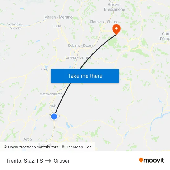 Trento Railway Station to Ortisei map