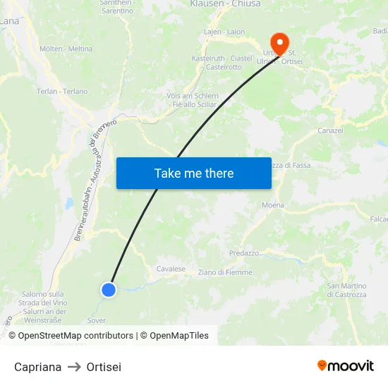 Capriana to Ortisei map