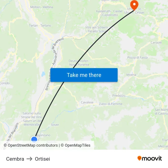 Cembra to Ortisei map